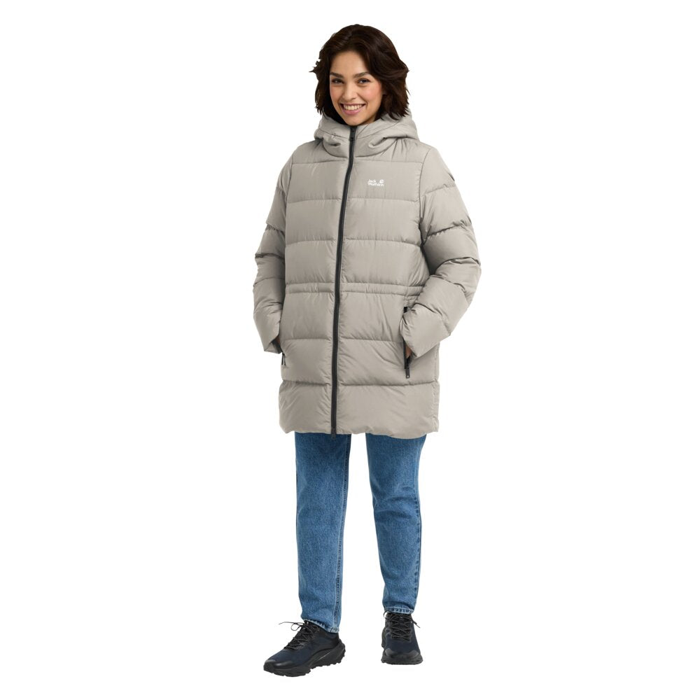 Jack Wolfskin Frozen Palace Long JKT RDS - lämmin untuvatakki kierrätysmateriaalista, pale sand